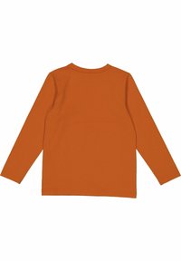 Pitkähihaisten paitojen, oranssista puuvillakankaasta, pyöreällä kaula-aukolla, sileällä pinnalla, ilman kuvioita, suoran leikkauksen helmalla, minimalistisella muotoilulla.