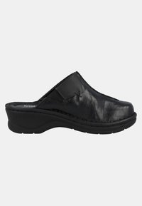 Black leather clogs with a curved upper, stitched accents, and a slight wedge heel. Textured surface and rubber sole for grip.