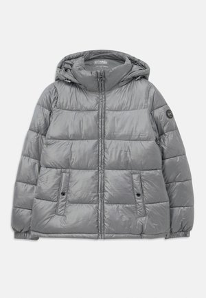 Padded gray jacket with a hood, zip front, two side pockets, elastic cuffs, and a circular logo on the left sleeve. Smooth, shiny texture.