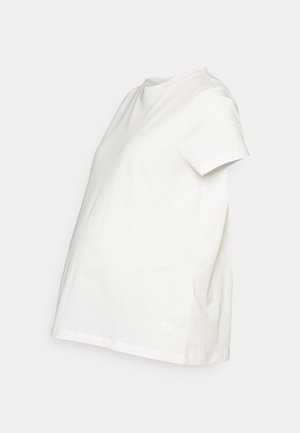 T-shirt de maternité en coton blanc, à manches courtes, col rond, coupe décontractée, avec des fentes sur les côtés pour plus de confort et de liberté de mouvement. Texture douce et légère.