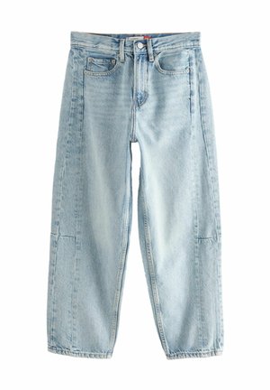Heledad sinine denim pükste mugav lõige, kõrge talje, viie-tasku disain ja sirged sääred. Kangast kerkivad kerge kulumise jäljed.