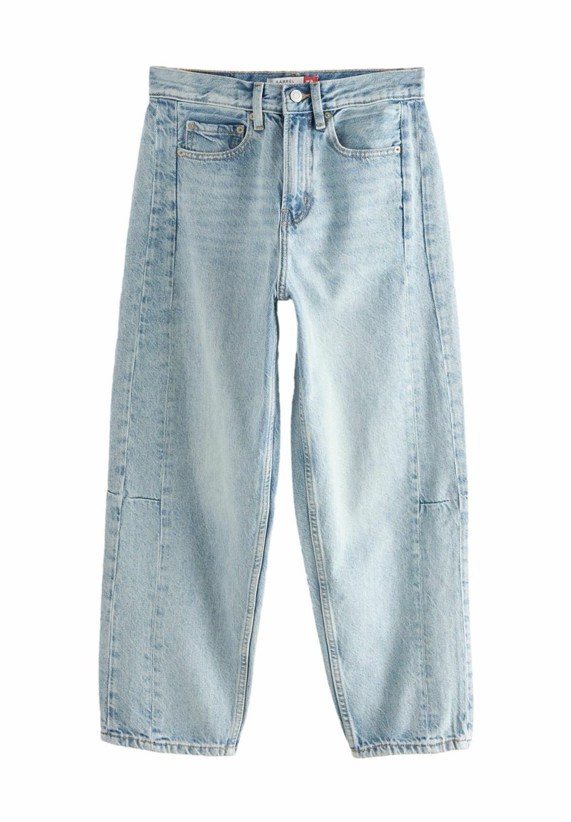 Jeans en denim bleu clair avec une coupe décontractée, dotés d'une taille haute, d'un design à cinq poches et de jambes droites. Présence de légères marques d'usure sur le tissu.