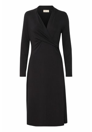Vestido negro ajustado con mangas largas, hecho de un tejido suave y elástico. Presenta un escote en forma de V y fruncidos en la cintura para una silueta ceñida.