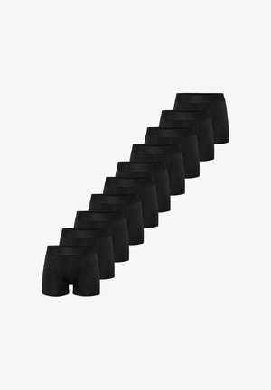 Tio par svarta boxershorts för män ordnade diagonalt på en vit bakgrund, som visar framsidan och de elastiska midjebanden.