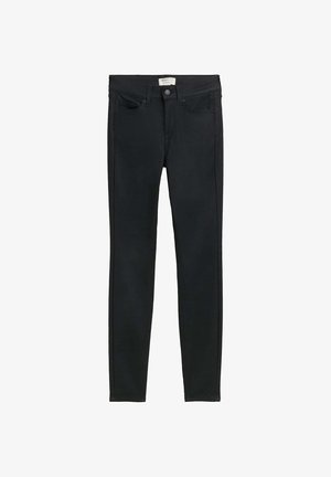 Čierne úzke džínsy z denimu, so strihom na päť vreciek, zapínaním na gombík a tónovým prešívaním po celom obvode.