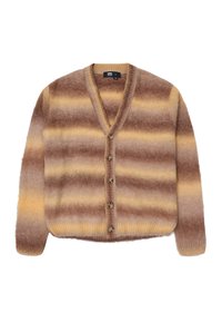 Brun och krämrandig cardigan i mjukt, fluffigt material med V-ringning, sex knappar fram och ribbade ärmslut och nederkant.