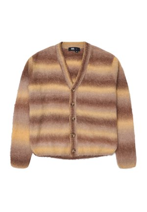 Streifen-Cardigan in Braun und Beige aus weichem, flauschigem Material mit V-Ausschnitt, sechs Knöpfen entlang der Vorderseite sowie gerippten Bündchen und Saum.