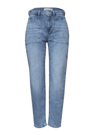 Hellblaue Jeans mit hoher Taille, vorderen aufgesetzten Taschen, Gürtelschlaufen, Knopfverschluss und schmal zulaufenden Beinen.