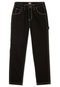 Black denim jeans with white stitching, designed with a straight leg, five pockets, and a side hammer loop for added utility.