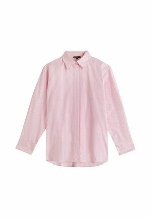 Chemise rose à manches longues avec boutons, rayures verticales blanches et jaunes, col classique et poignets, présentée sur un fond blanc.
