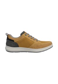 Yellow and gray athletic shoe with a mesh upper, contrasting dark gray heel, and a white rubber sole. Laced design with a pull tab at the back.