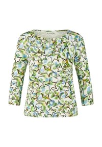 Langärmliges Oberteil mit einem mehrfarbigen Sternmuster in Grün, Blau und Gelb auf einem weißen Hintergrund. Weicher, elastischer Stoff mit Rundhalsausschnitt.