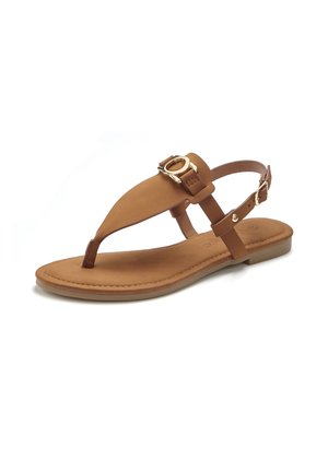Brown flat sandal with toe post, adjustable ankle strap, and gold decorative buckle on top strap.