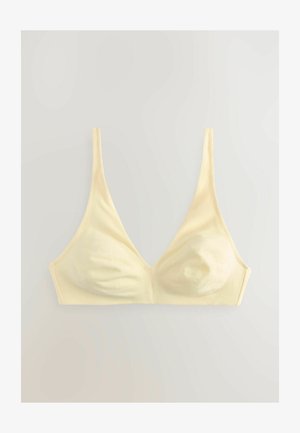 Sárga, puha textúrájú bralette mély V-nyakkivágással, vékony pántokkal és sima felülettel, amely nem tartalmaz hardvereket vagy díszítéseket.