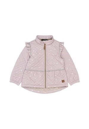 Giacca imbottita rosa con dettagli arricciati sulle spalle, cerniera frontale, motivo a fiocco iridescente e orlo arrotondato, con polsini elasticizzati.