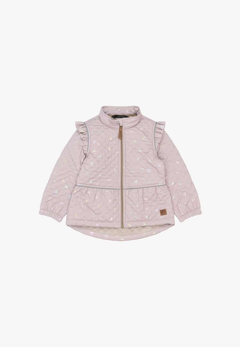 Pufovaná ružová bunda s volánikovými akcentmi na ramenách, s predným zipsom, dúhovým vzorom mašlí a zaobleným lemom, s elastickými manžetami.