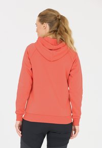 Koraalkleurige hoodie met geribbelde manchetten en tailleband, met een eenvoudig ontwerp en een zachte textuur, gezien vanuit de achterkant.