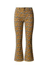 Παντελόνια καμπάνα σε μουσταρδί ύφασμα με λουλούδι μοτίβο σε μπλε και λευκό. Διαθέτει μέση με ζώνη και τσέπες, κατασκευασμένα από βαμβακερό μείγμα υλικού.