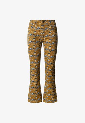 Wijde broek van mosterdgeel stof met een bloemenpatroon in blauw en wit. Voorzien van een tailleband en zakken, gemaakt van een katoenmix.
