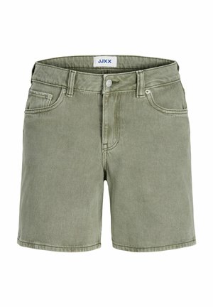 Olivovo zelené rifle šortky s predným gombíkom, zipsom, pútkami na opasok a štýlom s piatimi vreckami, štítok značky vo vnútri pásu.