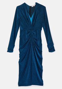 Blå glittrig långärmad klänning med rynkat framsidan, v-ringning underlager och en texturerad finish. Har en dold dragkedjeslutning bak.