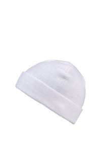 White knit beanie with a folded cuff. Made from soft fabric with a ribbed texture, featuring a seamless top and no visible logos or patterns.