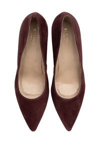 Burgundowe zamszowe szpilki z ostrym noskiem, gładką wewnętrzną podszewką i klasyczną sylwetką. Brak widocznych elementów metalowych lub wzorów.