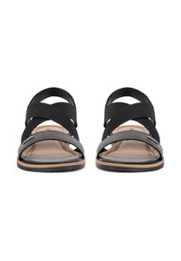 Black sandals with crisscross elastic straps and a cushioned footbed. Smooth leather upper and rubber sole. Minimalist design, open toe.