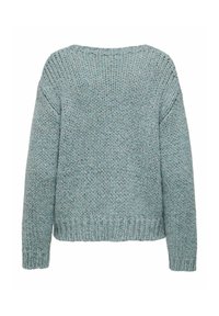 Chunky gebreide trui in lichtblauw, met een relaxed fit, ronde hals en ribbelzoom. De textuur is zacht met een iets gemêleerde uitstraling.
