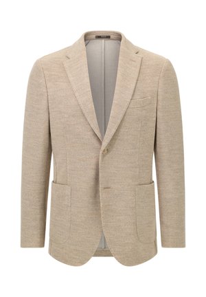 Beżowa marynarka wykonana z teksturowanej tkaniny, z klapami typu notch, dwoma przednimi kieszeniami i zapięciem na jeden guzik. W środku znajduje się jasna podszewka.