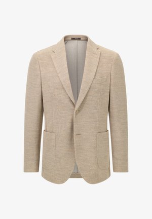 Beige Blazer aus strukturiertem Stoff, mit Reverskragen, zwei vorderen Taschen und einem einzigen Knopfverschluss. Innen befindet sich ein leichtes Futter.