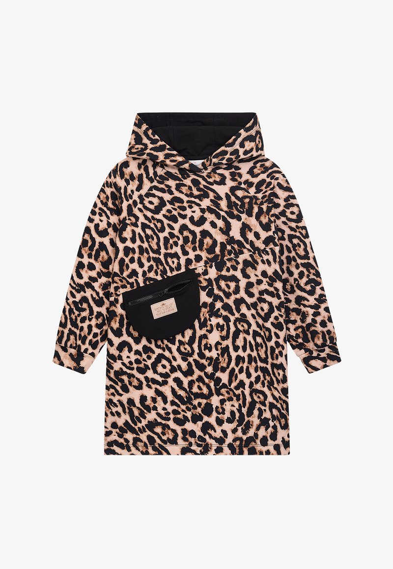 Leopardmuster-Pullover mit schwarzer Kapuze und Tasche, aus weichem Stoff. Hat lange Ärmel und ein unauffälliges Etikett auf der Tasche.