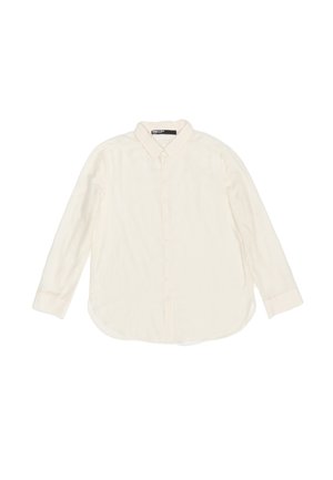 Camicia a maniche lunghe color beige chiaro con bottoni, realizzata in materiale morbido, con colletto classico e orlo arrotondato. Bottoni visibili lungo la parte anteriore.