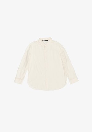 Chemise beige clair à manches longues avec un devant boutonné, un col et un ourlet arrondi. Fabriquée en tissu doux et léger.