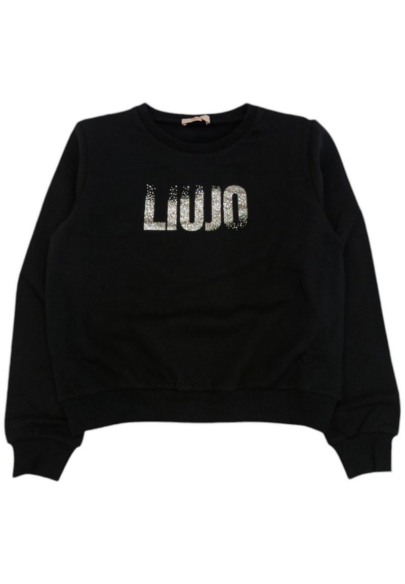 Felpa nera a maniche lunghe, con un logo testurizzato in argento glitterato "LIU JO" sul davanti. Polsini e vita a costine.