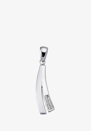 Pendentif en argent avec deux formes courbes ; l'une lisse et brossée, l'autre ornée de pierres scintillantes. Finition polie et design minimaliste.