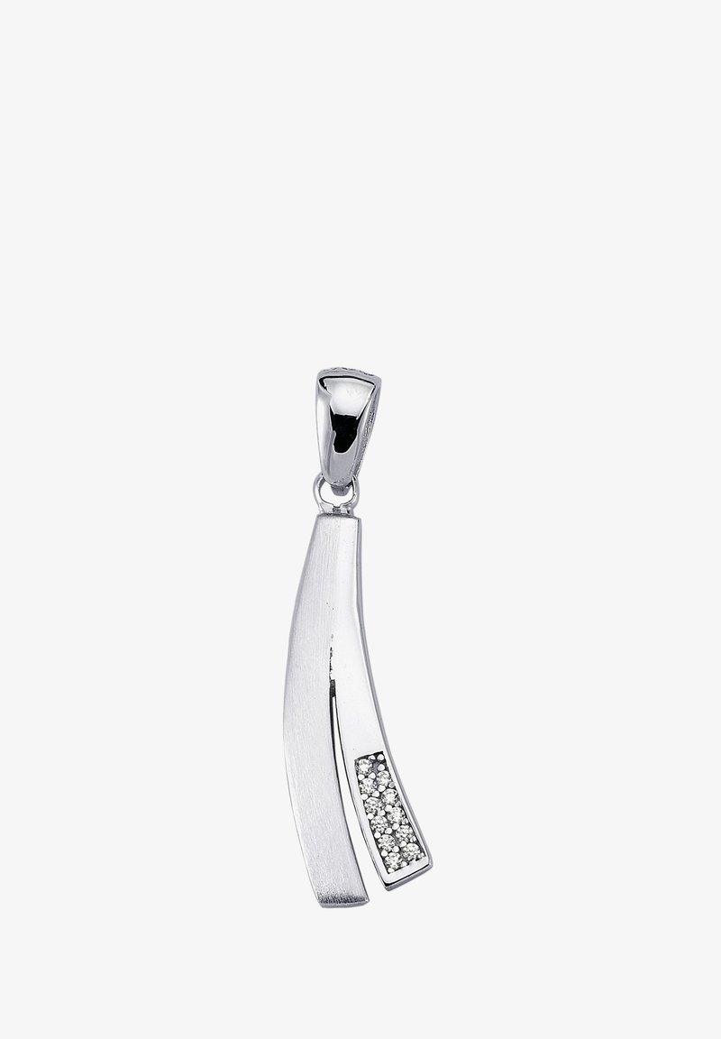 Pendentif en argent avec deux formes courbes ; l'une lisse et brossée, l'autre ornée de pierres scintillantes. Finition polie et design minimaliste.