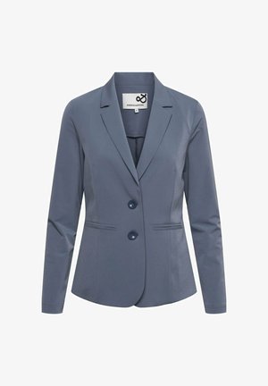 Enkelsluitend, langärmelig, damesblazer in leigrijs met twee knopen en ingesneden revers, voorzien van het label AndCOWOMAN.