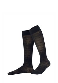 Schwarze knielange Socken aus transparentem Material, mit einem subtilen Punktmuster und einem festen Bündchen oben. Glatte Textur.