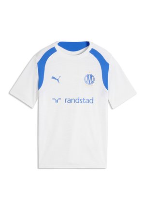 Biała piłkarska koszulka z krótkim rękawem i niebieskimi akcentami, logo Puma, herb Olympique de Marseille oraz sponsor Randstad na piersi.