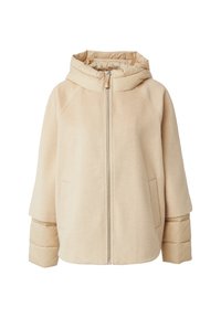 Giacca beige con cappuccio, con zip frontale, realizzata in materiale pile e imbottito. Presenta maniche a raglan e due tasche laterali. Texture morbida.