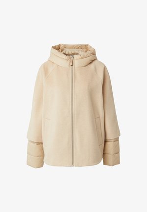 Beige hooded jacket with a zip front, made of fleece and padded material. Features raglan sleeves and two side pockets. Smooth texture.