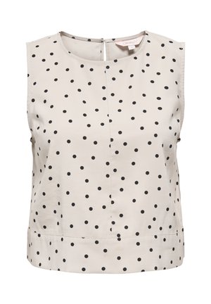 Blusa sin mangas beige con lunares negros, escote redondo y cierre de botones en la parte trasera.