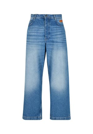 Light blue denim wide-leg jeans with a high waist, faded front, and classic five-pocket design. Features button closure and belt loops.