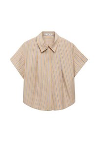 Camicia a maniche corte con bottoni di un beige chiaro, a righe verticali blu e bianche, con colletto a punta e vestibilità rilassata. Tessuto morbido.