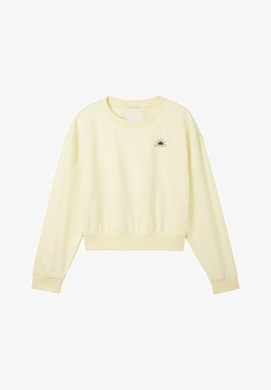 Hellgelbes, kurz geschnittenes Sweatshirt mit Rundhalsausschnitt, langen Ärmeln und einem grafischen Sonnendesign mit der Aufschrift "POSITIVE DAYS" in dunkler Schrift.