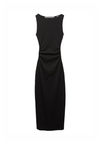 Ärmelloses schwarzes Midikleid mit taillierter Silhouette und Rundhalsausschnitt, entworfen für einen eleganten, minimalistischen Look.