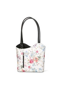Geantă cu model floral, din piele sintetică albă, cu accente negre. Dispune de două mânere lungi și o buzunăraș cu fermoar pe lateral pentru depozitare.