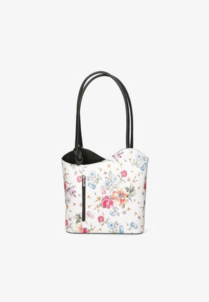 Handtasche mit floralen Mustern aus weißem Kunstleder mit schwarzen Akzenten. Verfügt über zwei lange Henkel und eine seitliche Reißverschlusstasche für die Aufbewahrung.