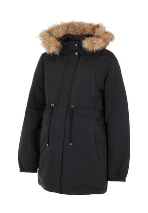 Svart parka-jacka med fikorullad huva, elastiska ärmslut, dragsko i midjan och två framfickor. Slät tyg med lätt lyster.
